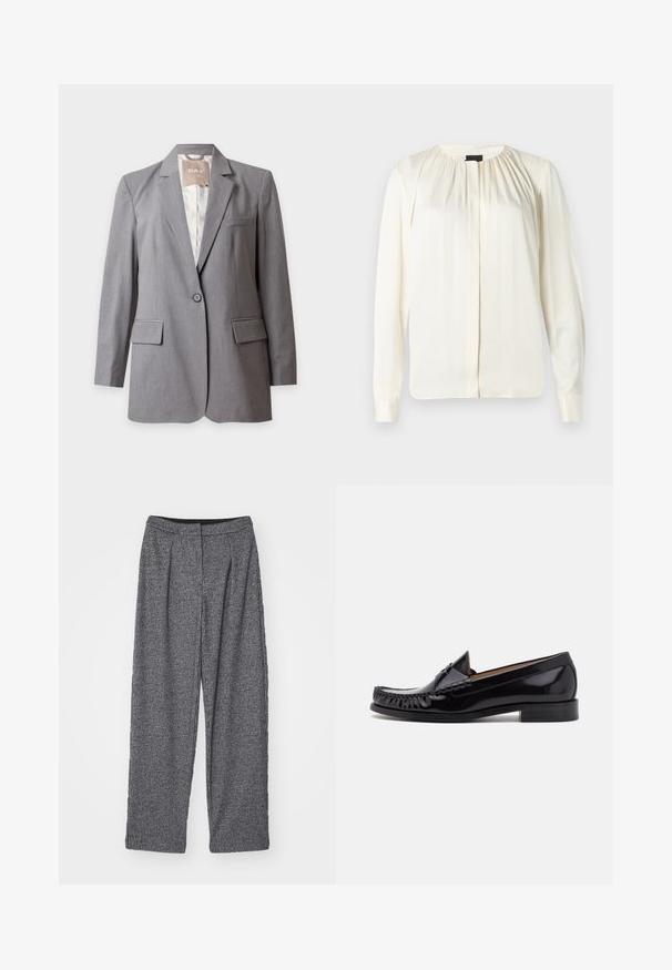 Skræddersyet lysegrå blazer med enkelt knap, indsnit og klaplommer, vist på en ensfarvet hvid baggrund.; Langærmet bluse i off-white silke. Har en rund halsudskæring, bløde plisseringer ved skuldrene og knaplukninger ved ærmerne. Glat tekstur og minimalistisk design.; Grå rutede bukser med høj talje, bred benvidde og plissee. Fremstillet af strukturstof med et monokrom mønster.; Sorte læder moccasin sko med en skinnende finish, der har frynsedetaljer langs fronten og en lav stabelhælk.