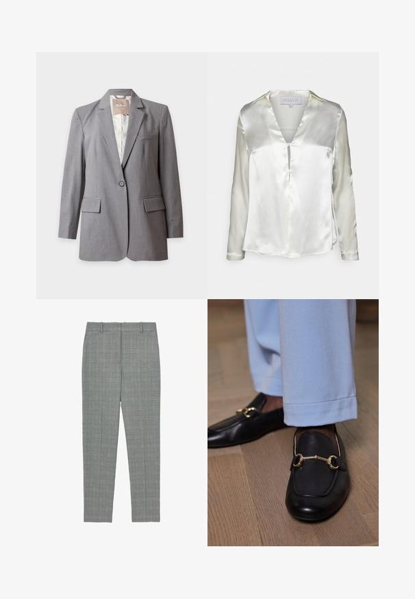 Skræddersyet lysegrå blazer med enkelt knap, indsnit og klaplommer, vist på en ensfarvet hvid baggrund.; STUDIO ID ALYSSA - Bluse - champagne; Grå ternede tapered bukser med bæltestropper og flad front, designet til en skræddersyet pasform.; Sorte læder loafers med guld metalbit detalje båret med lyseblå bukser på trægulv.