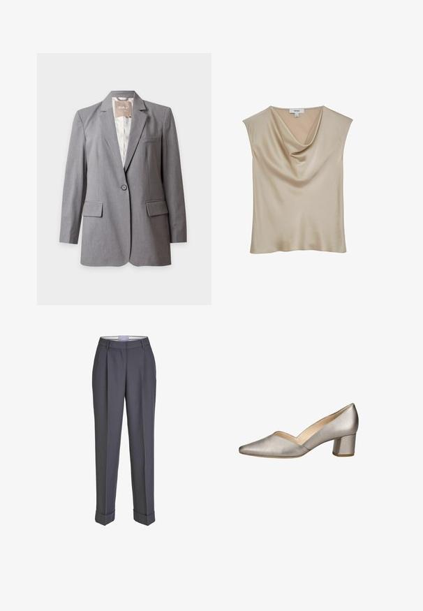 Ein-Knopf maßgeschneiderter hellgrauer Blazer mit Kerbkragen und Pattentaschen, auf schlichtem weißem Hintergrund dargestellt.; Beige satinierte ärmellose Bluse mit Wasserfallausschnitt, mit dem Label "REISS", vor weißem Hintergrund präsentiert.; Dunkelgraue Tailor-Hosen mit geradem Bein, gefalteter Vorderseite und umgeschlagenen Säumen. Hergestellt aus glattem Stoff und mit einem klassischen Bund versehen.; Damen Metallic Silber Leder Schuh mit niedrigem Blockabsatz, spitzer Spitze und V-förmiger Öffnung an der Seite.