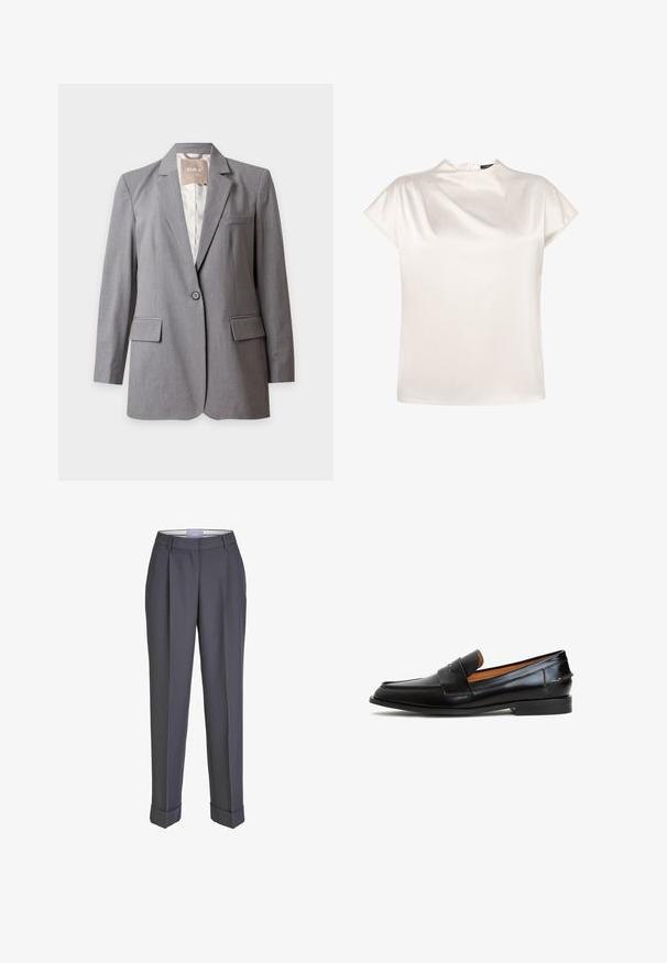 Ein-Knopf maßgeschneiderter hellgrauer Blazer mit Kerbkragen und Pattentaschen, auf schlichtem weißem Hintergrund dargestellt.; zero Bluse - eggnog; Dunkelgraue Tailor-Hosen mit geradem Bein, gefalteter Vorderseite und umgeschlagenen Säumen. Hergestellt aus glattem Stoff und mit einem klassischen Bund versehen.; Schwarze Lederloafers mit einem eleganten Design, ausgestattet mit einem breiten Riemen über dem Vorderfuß, runder Zehenpartie und flacher Sohle. Glatte Textur mit minimaler Naht.