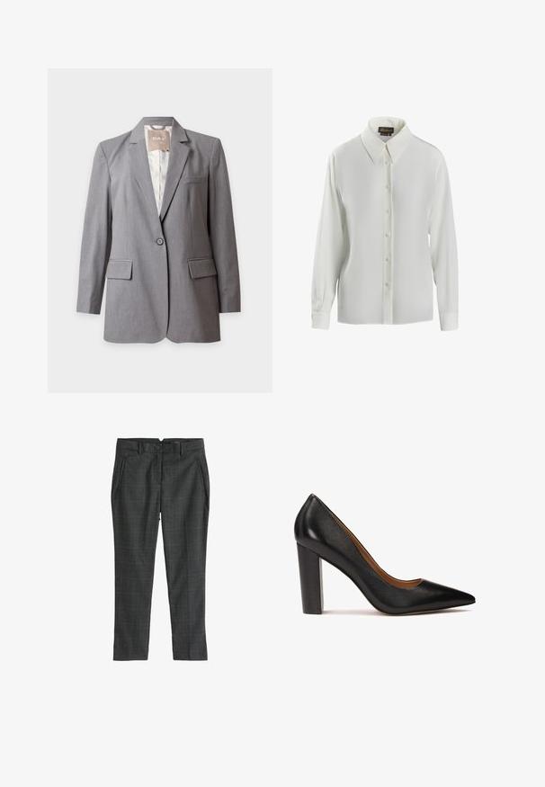 Blazer gris claro a medida con un solo botón, solapas con muesca y bolsillos con solapa, presentado sobre un fondo blanco liso.; Luisa Spagnoli LIMONAIA - Blusa - panna; Next PETITE - Pantalones - grey black; Zapato de tacón alto de cuero negro con punta afilada, acabado texturizado y tacón grueso. Diseño sencillo con un forro interior suave.