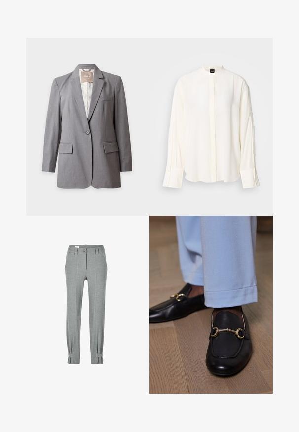 Lichtgrijze op maat gemaakte blazer met één knoop, met inkeping revers en klepzakken, weergegeven op een effen witte achtergrond.; Lange mouwen, crèmekleurige blouse gemaakt van gladde stof; mandarina-kraag, voorste beleg, geruite manchetten en een losse pasvorm.; Lichtgrijze op maat gemaakte broeken met een voorste knoop, ritssluiting, ceintuurlussen, zijzakken en ankerriemdetails op een effen witte achtergrond.; Zwarte leren loafers met gouden metalen detail, gedragen met lichtblauwe broek op een houten vloer.