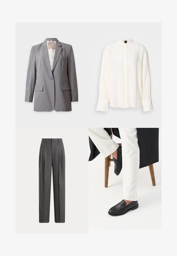 Veste grise claire sur-mesure à un bouton, avec revers crantés et poches à rabat, présentée sur un fond blanc uni.; Blouse à manches longues crème en tissu lisse ; col mao, patte de boutonnage à l'avant, poignets boutonnés et coupe décontractée.; Pantalon sur mesure gris foncé taille haute avec plis à l'avant, passants de ceinture, poches latérales et jambes larges et droites.; Personne portant des mocassins en cuir noir et un pantalon blanc assise sur un tabouret en bois devant un fond blanc.