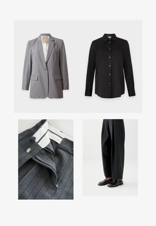 Veste grise claire sur-mesure à un bouton, avec revers crantés et poches à rabat, présentée sur un fond blanc uni.; Chemise noire à manches longues avec col pointu et sept boutons, présentée sur un fond gris clair.; Next PETITE FIT - STRIPED STRAIGHT - Pantalon classique - grey; Mocassins noirs en cuir brillant, avec une lanière décorative sur le dessus, assortis à un pantalon noir ample.