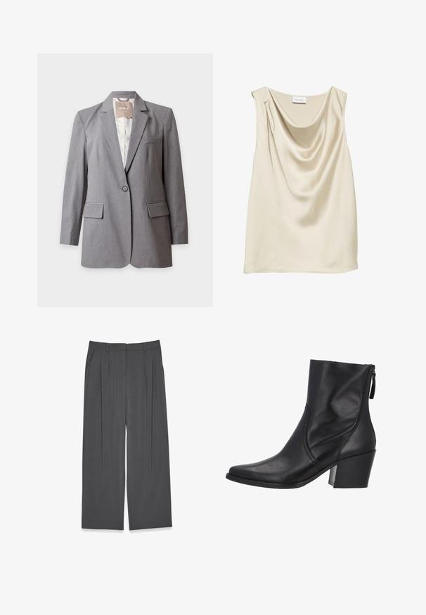 Lichtgrijze op maat gemaakte blazer met één knoop, met inkeping revers en klepzakken, weergegeven op een effen witte achtergrond.; Mouwloos crèmekleurig satijnen topje met een gedrapeerde col met draperieën en een klein plooidetail op één schouder.; Grijze wijde broek met een gladde stof, voorzien van plooien aan de voorkant en zijzakken. Eenvoudig ontwerp met een gestructureerde pasvorm.; Zwarte enkellaars gemaakt van glad leer, met een puntige neus, zijrits en een blokhak. Eenvoudige stiknaden voegen detail toe.