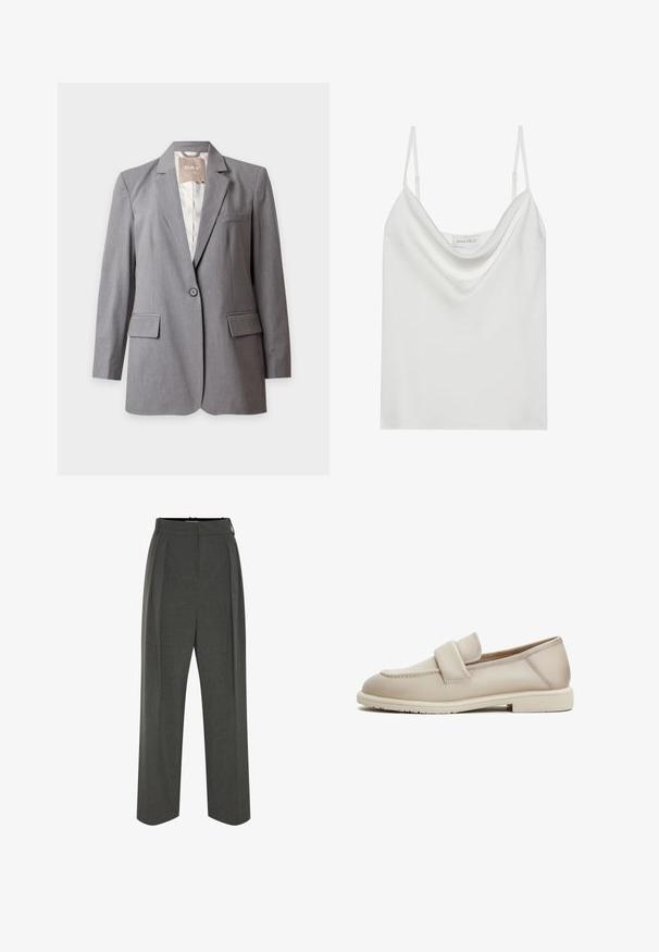 Skræddersyet lysegrå blazer med enkelt knap, indsnit og klaplommer, vist på en ensfarvet hvid baggrund.; Hvid satin camisole med en draperet udskæring, tynde justerbare stropper og en lige afslutning. Mærket "ANNA FIELD" er synligt indeni.; Grå viddebukser i tekstureret stof med højtaljet pasform og forreste læg. Designet har en glat linning uden synlige lukninger.; Beige læder loafers med en jævn tekstur, der har et forhøjet bånd over forgabreren og en lav, flad gummisål.