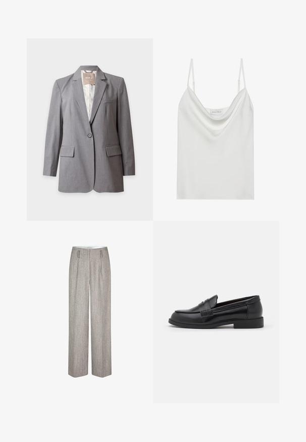 Veste grise claire sur-mesure à un bouton, avec revers crantés et poches à rabat, présentée sur un fond blanc uni.; Camisole en satin blanc avec un décolleté drapé, des fines bretelles réglables et une base droite. L'étiquette "ANNA FIELD" est visible à l'intérieur.; Second Female JUN - Pantalon classique - trench coat; Mocassins en cuir noir avec une texture lisse, un bout arrondi, des coutures décoratives sur le dessus, et une semelle en caoutchouc plate et basse.