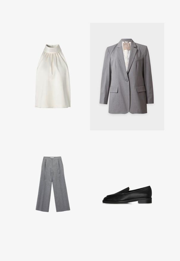 Blazer gris claro a medida con un solo botón, solapas con muesca y bolsillos con solapa, presentado sobre un fondo blanco liso.; Top sin mangas con cuello halter en suave tela color crema, con pliegues en la parte delantera, un cuello alto y un dobladillo recto.; Pantalones anchos de talle alto en piel gruesa gris, con pliegues en la parte frontal, que cuentan con bolsillos laterales y un diseño a medida.; Mocasines de cuero negro con suela plana, presentando un diseño cosido y un sutil detalle en la parte superior. Textura suave y una silueta elegante.
