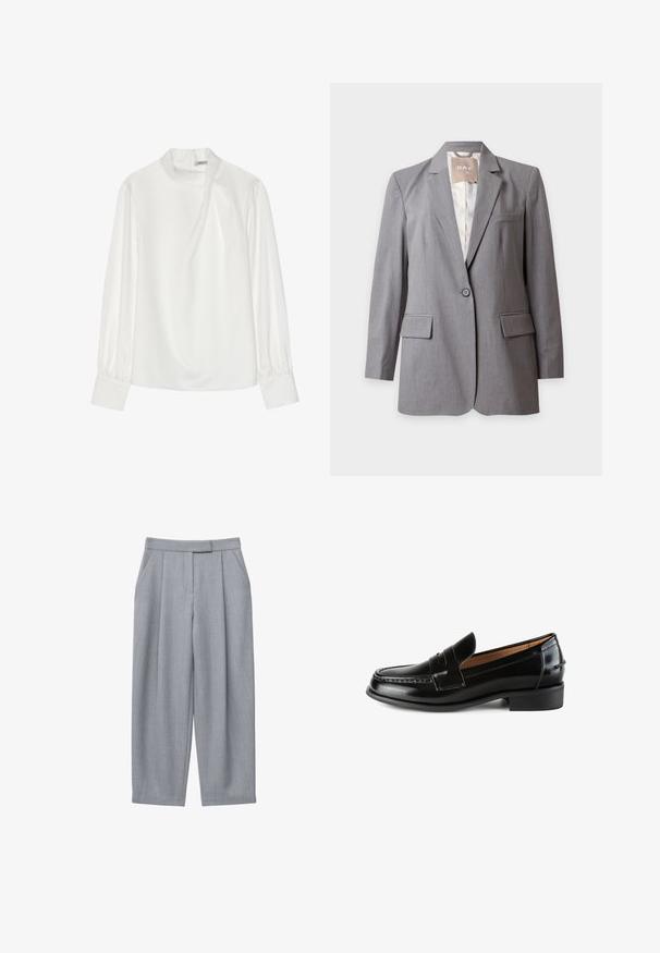Veste grise claire sur-mesure à un bouton, avec revers crantés et poches à rabat, présentée sur un fond blanc uni.; Blouse blanche avec un col montant, des manches longues bouffantes et une fermeture éclair au dos. Tissu lisse avec un léger éclat et une drapé subtile.; Pantalon gris avec un design sur mesure, comprenant des plis, des poches latérales et une coupe droite. Texture lisse et taille mi-haute.; L37 GOOD ADVICE - Chaussons - black
