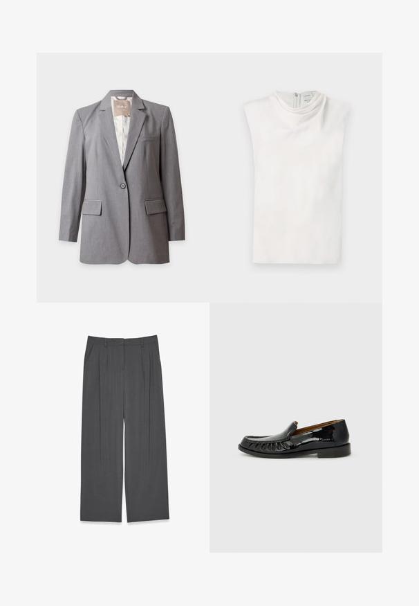 Lichtgrijze op maat gemaakte blazer met één knoop, met inkeping revers en klepzakken, weergegeven op een effen witte achtergrond.; Wit mouwloos topje met een opstaande kraag en rits aan de achterkant, plat gelegd op een witte achtergrond.; Grijze wijde broek met een gladde stof, voorzien van plooien aan de voorkant en zijzakken. Eenvoudig ontwerp met een gestructureerde pasvorm.; Zwarte gepatineerde leren loafers met een franjes ontwerp aan de voorkant en een ronde neus. De zool is plat en voorzien van textuur voor grip.