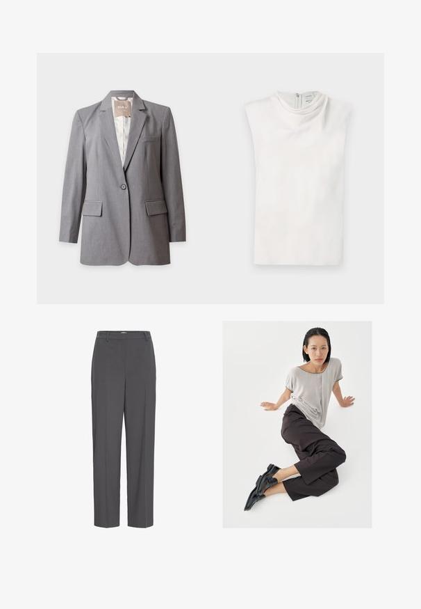 Veste grise claire sur-mesure à un bouton, avec revers crantés et poches à rabat, présentée sur un fond blanc uni.; Haut blanc sans manches avec un col montant et une fermeture éclair au dos, présenté à plat sur un fond blanc.; Pantalons gris à taille élastique avec une coupe droite, dotés de poches latérales et d'une texture lisse. Style minimaliste sans motifs ni accents.; Haut gris clair à manches courtes, pantalons larges foncés, et mocassins noirs. Tissu lisse, coupe décontractée, et bordure contrastante sur la chemise.