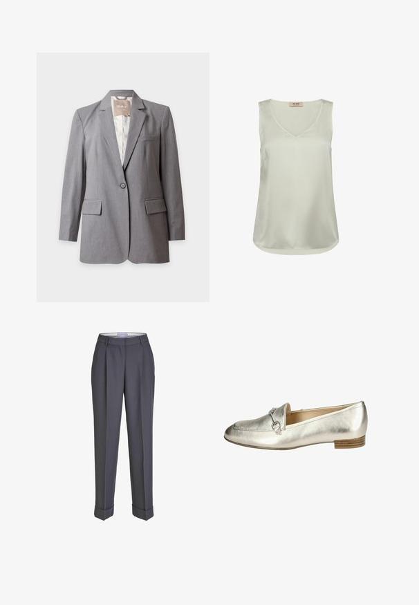 Skræddersyet lysegrå blazer med enkelt knap, indsnit og klaplommer, vist på en ensfarvet hvid baggrund.; Ærmeløs lysebeige satinbluse med V-hals og afrundet kant, med et lille mærke på bagsiden af kraven indeni.; Mørkegrå skræddersyede bukser med lige ben, plisseret for og opsmøgte manchetter. Lavet af glat stof med en klassisk talje.; Metallic sølv loafers med en glat tekstur, prydet med et dekorativt hardware-element og en lav trælæst. Klassisk design.
