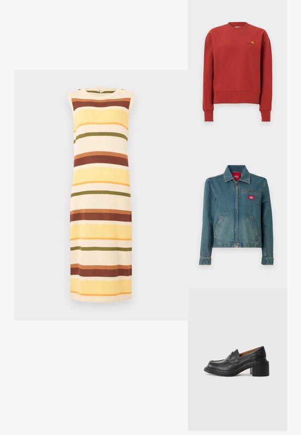 Blauwe denim jas met rits en kraag, twee steekzakken aan de zijkant en een borstzak met rits voorzien van een rood logo.; Rode crewneck trui met lange mouwen en geribbelde manchetten, voorzien van een klein geel-zwart Carhartt-logo op de linkerborst.; Mouwloze gebreide jurk met horizontale strepen in crèmekleurige, gele, roestrode, olijfgroene en oranje tinten, voorzien van een ronde halslijn.; Zwarte leren instappers met een dikke, geribbelde rubberen hak. Voorzien van een ronde neus en een horizontale band over de wreef. Textuurondergrond.