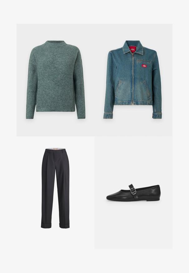 Veste en denim bleu à fermeture éclair avec col, deux poches latérales et une poche poitrine zippée ornée d'un patch logo rouge.; Pull en maille côtelée verte avec un col montant et des manches longues. Texture douce, coupe décontractée, et variations subtiles de teintes sur l'ensemble.; Pantalon gris foncé en tissu texturé, avec une taille haute, des plis et des poignets retroussés aux ourlets.; Chaussure plate en cuir noir avec un bout arrondi, une seule sangle réglable à boucle et une texture lisse et brillante. Design minimaliste avec un petit talon.