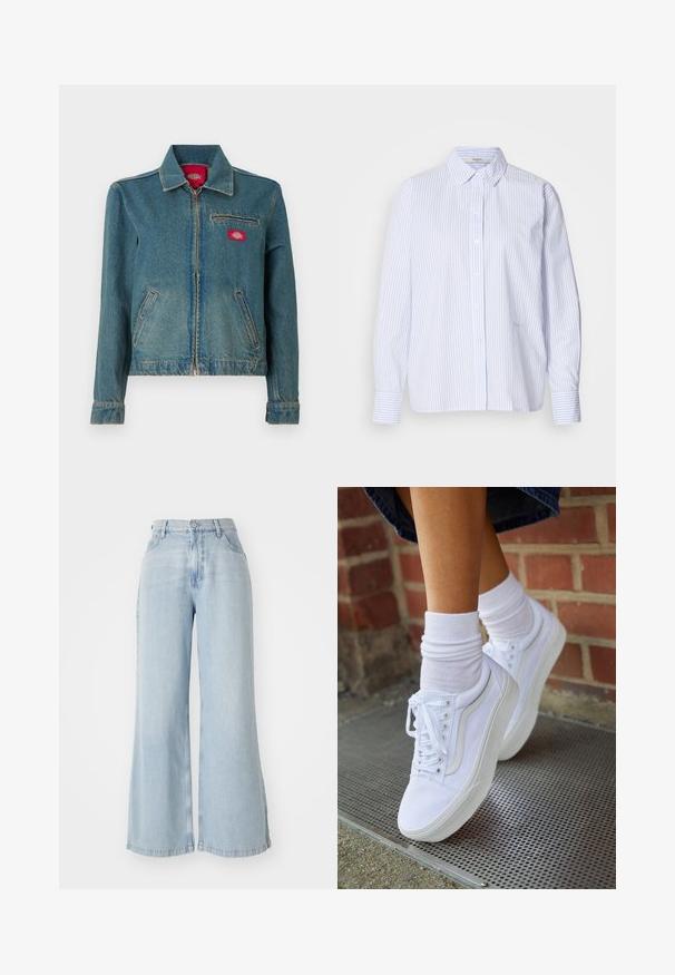 Blå denimjakke med lynlås og krave, to sidelommer og en brystlomme med lynlås og en rød logopatch.; Lyseblå og hvidstribet langærmet skjorte med button-down krave, som har en afslappet pasform og en glat stofstruktur.; Lyseblå vide jeans lavet af denim. Har høj talje, frontlukning med knap og to sidelommer. Slidt tekstur langs kanterne.; Hvide lærreds sneakers med gummisåler, der har seks snørehuller, rund tå og let sømdetaljer, krydret med hvide ankelstrømper.