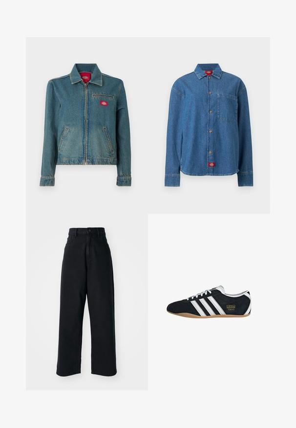 Blå denimjakke med lynlås og krave, to sidelommer og en brystlomme med lynlås og en rød logopatch.; Blå langærmet denimskjorte med knapper foran, en brystlomme på venstre side og et rødt logomærke i bunden af skørtet.; Sorte højtaljede vid ben jeans med frontlommer og knaplukning, præsenteret mod en plain hvid baggrund.; Sort ruskinds sneaker med hvide tre striber, guldlogo og en brun gummisål. Har et lavprofil snørebåndsdesign.