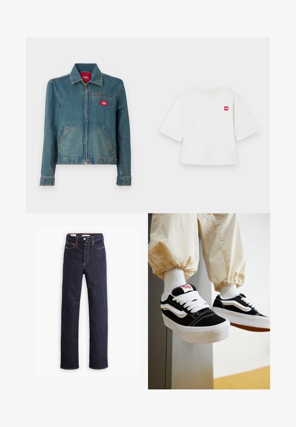 Veste en denim bleu à fermeture éclair avec col, deux poches latérales et une poche poitrine zippée ornée d'un patch logo rouge.; T-shirt blanc à manches courtes en coton. Présente un petit logo carré rouge sur la zone gauche de la poitrine. Coupe droite. Texture douce.; Jean en denim droit bleu foncé avec cinq poches et coutures orange visibles sur un fond blanc.; Personne portant des baskets Vans noires et blanches avec des lacets blancs, des chaussettes blanches et un pantalon beige avec des poignets élastiques.