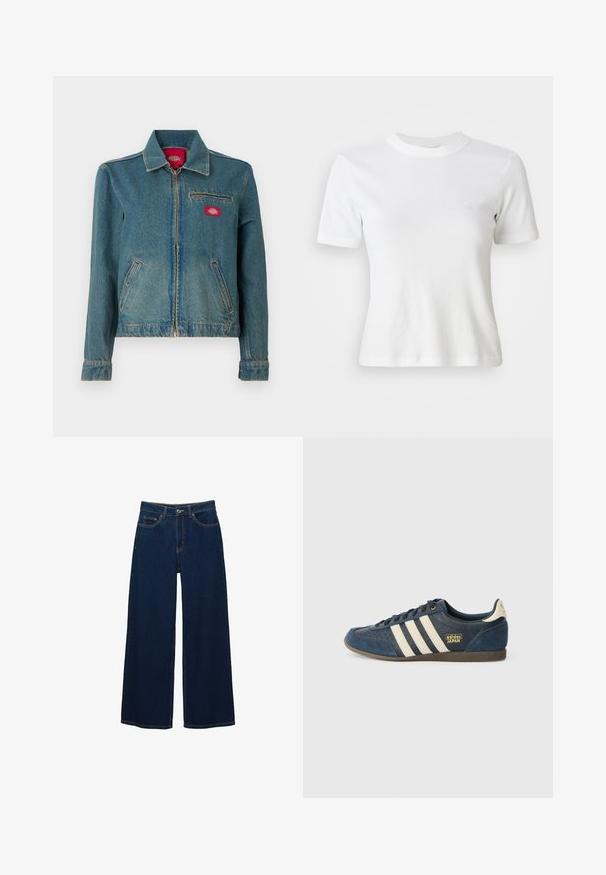 Blå denimjakke med lynlås og krave, to sidelommer og en brystlomme med lynlås og en rød logopatch.; Hvid ribbet kortærmet T-shirt med rund halsudskæring og et lille logo på brystet. Lavet af blødt stof med en tætsiddende pasform.; Mørkeblå vidde jeans i denim; har forlommer og knaplukning; fremtrædende syninger langs sømmene; ingen mønstre eller udsmykninger.; Marineblå ruskindsneaker med cremefarvede striber, tekstureret tåområde, gyldent "adidas JAPAN" logo og en brun gummisål. Klassisk low-top design.