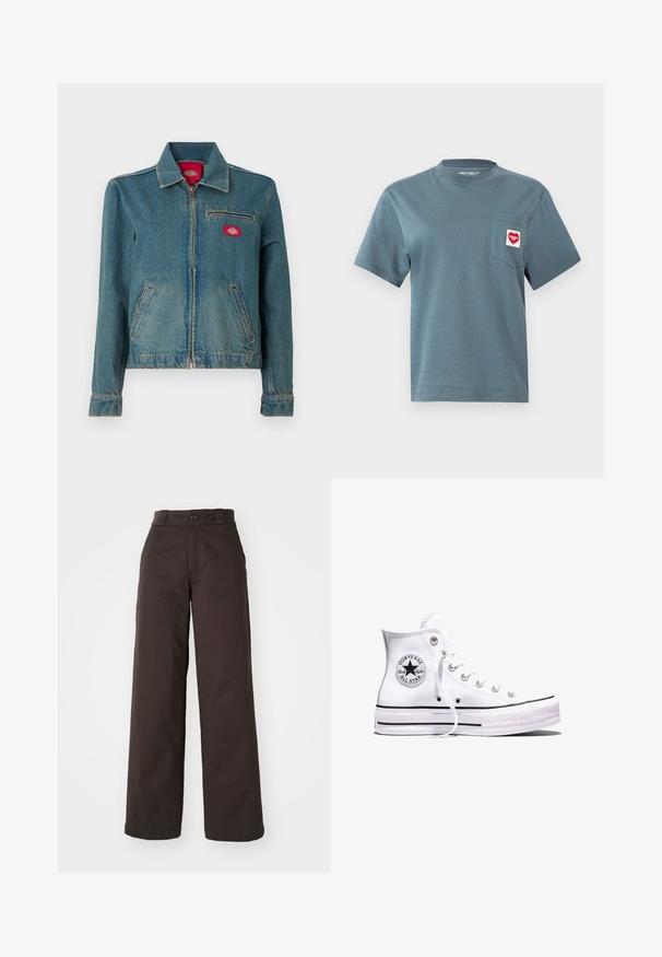 Blå denimjakke med lynlås og krave, to sidelommer og en brystlomme med lynlås og en rød logopatch.; Blå T-shirt med korte ærmer og rund hals, med en brystlomme på venstre side, der har et rødt og hvidt hjerteformet Carhartt WIP-logo.; Brune bredbenede bukser med knaplukning og bæltestropper, lavet af holdbart stof, som har en glat tekstur og rene linjer.; Hvid Converse Chuck Taylor All Star højt snøresko med sorte striber og logoemblem på siden, vist mod en ensfarvet hvid baggrund.