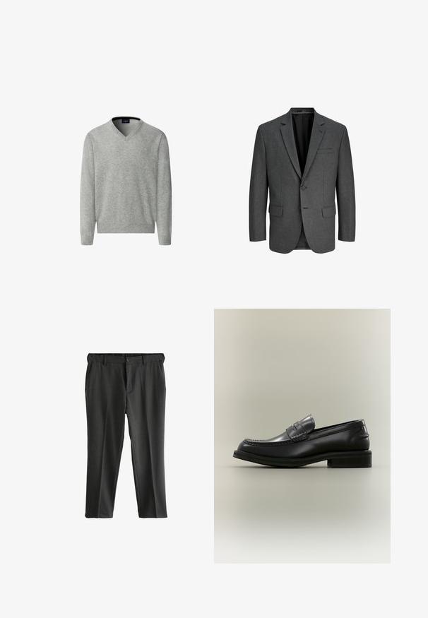 Chaqueta de traje gris hecha de tela texturizada. Presenta un cuello de muesca, dos bolsillos frontales, un solo botón en el pecho y un forro interior negro.; Hackett London Jersey de punto - metal grey; Pantalones grises a medida con frente plano, dos bolsillos laterales y cierre de botón. Tela suave con una textura sutil y pliegues planchados.; Mocasín penny negro de cuero con detalle cosido y tacón bajo apilado, mostrado sobre un fondo claro y liso.