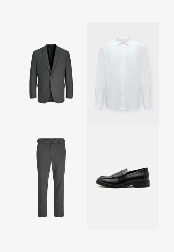 Veste de costume grise en tissu texturé. Dotée d'un col cranté, de deux poches avant, d'un bouton de poitrine simple et d'un doublure intérieure noire.; Chemise blanche à manches longues avec patte de boutonnage et col, présentée sur un fond clair uni.; Pantalons gris ajustés en tissu lisse, dotés d'une fermeture à bouton et de passants de ceinture, avec une coupe droite et sans motifs visibles.; Mocassin homme en cuir noir avec détail pompon, bout arrondi, talon bas et finition polie lisse, montré de profil sur fond blanc.