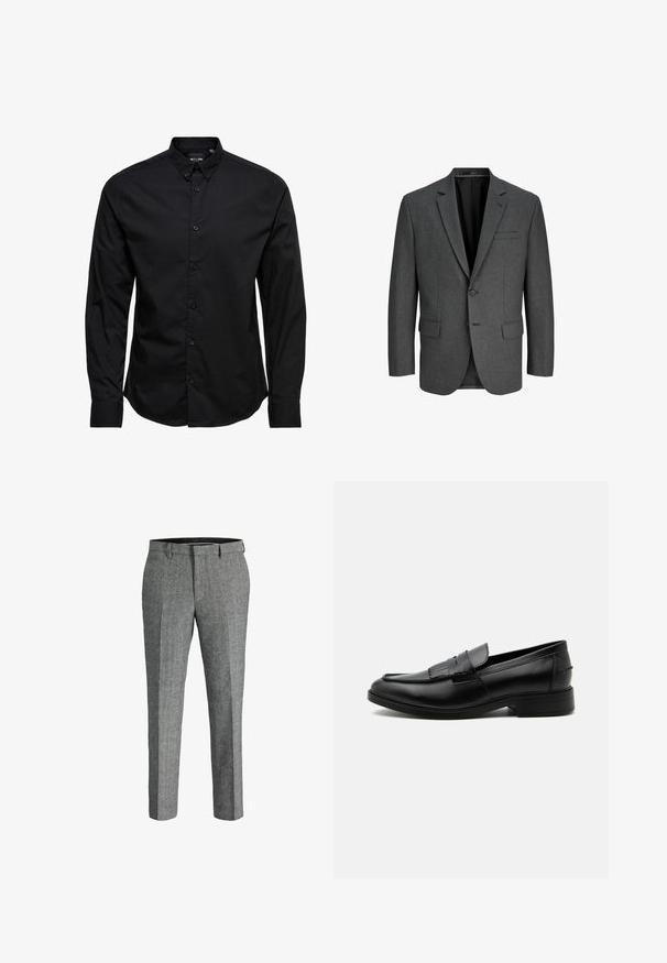 Veste de costume grise en tissu texturé. Dotée d'un col cranté, de deux poches avant, d'un bouton de poitrine simple et d'un doublure intérieure noire.; Chemise noire à manches longues avec des boutons, en coton. Elle est dotée d'un col classique, de boutons sur le devant et d'un ourlet droit sans motifs ni embellissements.; Pantalons gris ajustés en tissu texturé, avec un devant plat, deux poches avant et une taille lisse.; Mocassin homme en cuir noir avec détail pompon, bout arrondi, talon bas et finition polie lisse, montré de profil sur fond blanc.