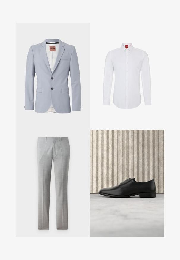 Blazer ajusté bleu clair en tissu lisse avec des revers crantés, deux poches avant, fermeture à trois boutons et doublure blanche subtile.; Chemise blanche à manches longues avec un col, dotée d'une fermeture à boutons sur le devant et d'un tissu doux et lisse. Aucun motif ou accent visible.; Pantalons gris ajustés en tissu lisse, avec un motif à carreaux fin, des jambes droites et des passants de ceinture. Pas de poches visibles.; Chaussure habillée en cuir noir au design épuré, à bout arrondi, avec cinq œillets pour les lacets et un petit talon rehaussé. Détail du logo embossé subtil.