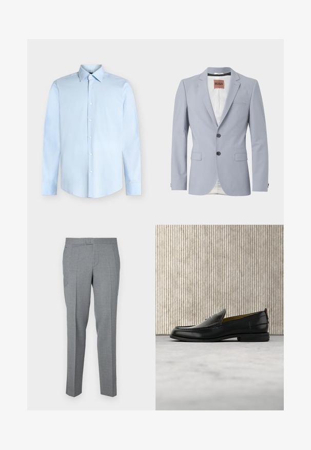 Blazer entallado de color azul claro en tejido suave con solapas de muesca, dos bolsillos frontales, cierre de tres botones y un sutil forro blanco.; Camisa de vestir de hombre azul claro de manga larga con cierre de botones en la parte delantera y cuello puntiagudo, mostrada sobre un fondo blanco.; Pantalones grises a medida hechos de una tela texturizada, con un diseño de frente plano, trabillas para cinturón y dos bolsillos laterales. Diseño de pierna recta.; Mocasín de cuero negro para hombre con empeine grabado en relieve de cocodrilo y tacón bajo, mostrado de perfil sobre un fondo neutro.