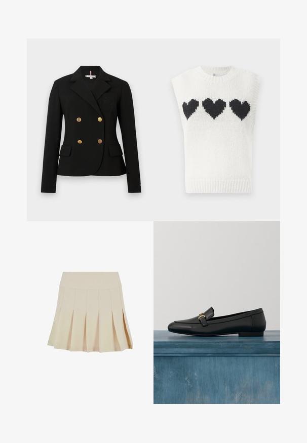 Sort blazer med dobbeltrækkede guldknapper, slagkrave og forlommer. Har en broderet patch på venstre bryst.; Hvid strikket ærmeløs sweater med tre sorte hjerter på brystet. Ribbet halsudskæring og kant med struktureret stof.; Beige plisseret nederdel med en tætsiddende talje, lavet af et glat stof. Har flere lodrette plisser og en lige kant.; Sort læderloafer med glat finish, der har en guldfarvet hardware-detalje og en rundet tå, hængende mod en minimalistisk baggrund.