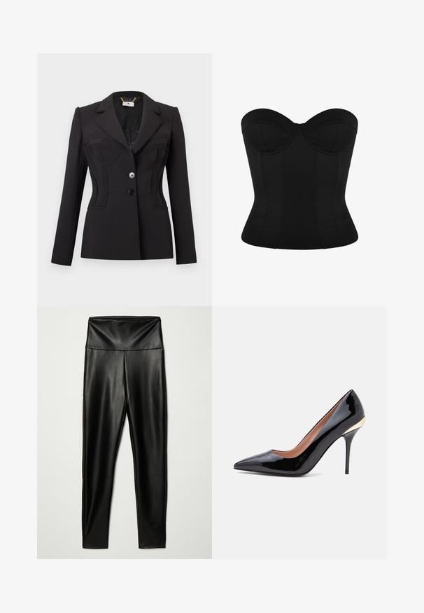 Zwarte getailleerde blazer met lange mouwen, twee knopen aan de voorkant, gestructureerde buste-details en een reverskraag met inkeping.; Strapless zwart corsettop met gestructureerde cups en een aansluitende taille, ontworpen voor vormgeving en ondersteuning.; Zwarte nepleer legging met een hoge tailleband, met een gladde textuur en een aansluitende pasvorm, die tot de enkels reikt.; Zwarte lakleren pump met een spitse neus, een smalle stilettohak en een gouden accent bij de hielkap.