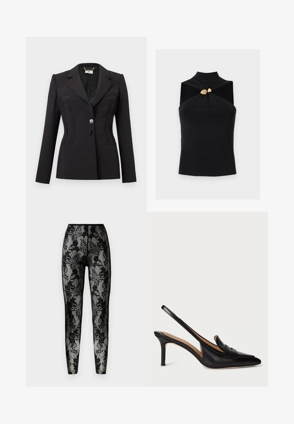 Schwarzer, maßgeschneiderter Blazer mit langen Ärmeln, zwei vorderen Knöpfen, strukturierter Brustpartie und Reverskragen mit Kerbe.; Schwarzes Neckholder-Top mit hohem Kragen und zwei asymmetrischen glänzenden goldenen Knöpfen an der Brust, figurbetonte Silhouette vor einfarbigem Hintergrund.; Schwarze Spitzenleggings mit floralem Muster, transparenter Stoff und enger Passform, mit einem glatten Bund und geschlossenen Säumen.; Schwarze Leder Slingback-Pumps mit spitzer Zehenform, niedrigem Absatz und dekorativem Riemen über dem Spann. Glatte Textur und minimalistisches Design.