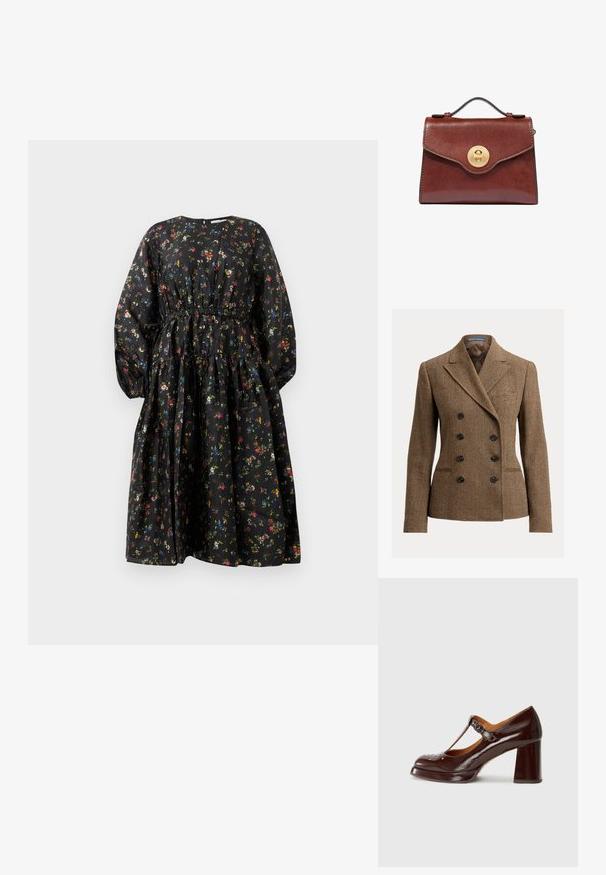 Blazer de tweed marrón con patrón pata de gallo, de doble botonadura, solapas con pico y botones negros, con un bolsillo en el pecho.; Vestido negro con estampado floral, mangas largas, cintura fruncida y falda de volantes. Presenta un patrón floral colorido y una textura de tela suave.; Chie Mihara KAYLA - Tacones - sucre choco/kimera leche; Bolso de cuero marrón con asa superior y cierre giratorio redondo de oro en la solapa frontal, sobre un fondo blanco.