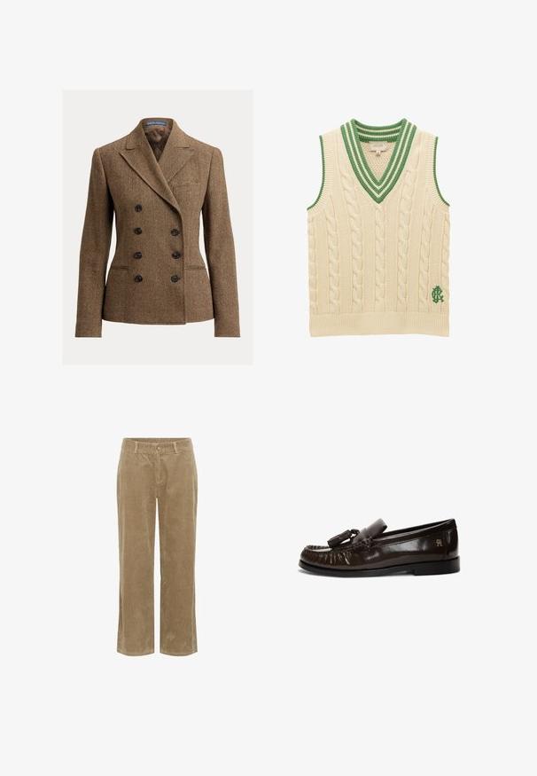Brauner Tweed-Blazer mit Hahnentritt-Muster, doppelreihiger Vorderseite, spitzen Revers und schwarzen Knöpfen, mit einer Brusttasche.; Cremefarbene ärmellose Strickweste mit grün gestreiftem V-Ausschnitt und einem grün bestickten Logo nahe dem Saum.; Beige Cordhosen mit Gürtelschlaufen, vorderem Knopf, Reißverschluss und geradem Bein. ; Dunkelbrauner Leder-Tasselloafer mit Mokassinnaht, flacher schwarzer Sohle und kleinem goldenen Logo an der Fersenseite.