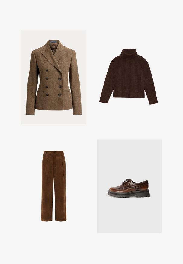 Veste en tweed marron à motif pied-de-poule avec un devant croisé, des revers à pointes et des boutons noirs, dotée d'une seule poche poitrine.; Pull en maille côtelée marron à col roulé, avec des manches longues et une silhouette courte, présentant un design de tricot épais et texturé.; Pantalons en velours côtelé brun à jambes larges avec une surface texturée, un devant plissé et une fermeture éclair. Présente une petite étiquette de marque sur la taille.; Chaussure en cuir marron à lacets avec des détails en brogue, semelle en caoutchouc et plateforme texturée noire contrastante. Fini lisse avec un design classique.