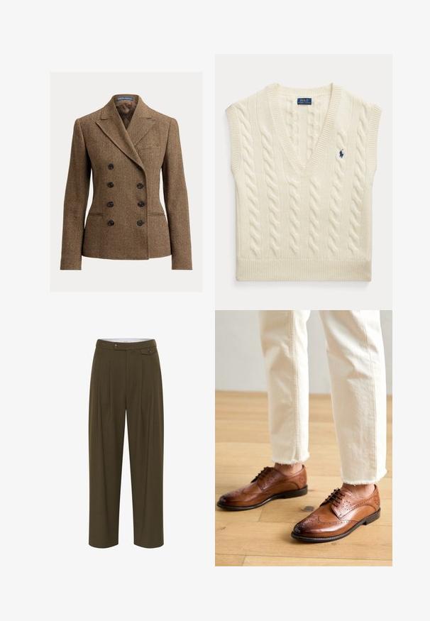 Veste en tweed marron à motif pied-de-poule avec un devant croisé, des revers à pointes et des boutons noirs, dotée d'une seule poche poitrine.; Gilet sans manches en maille torsadée couleur crème avec col en V et petit logo Polo Ralph Lauren bleu foncé sur la poitrine.; Pantalons vert olive taille haute avec plis, design à jambes droites, deux poches avant et fermetures à boutons.; Chaussures brogues en cuir marron avec des détails perforés, bout arrondi et finition lisse, associées à un pantalon crème à ourlet effiloché.