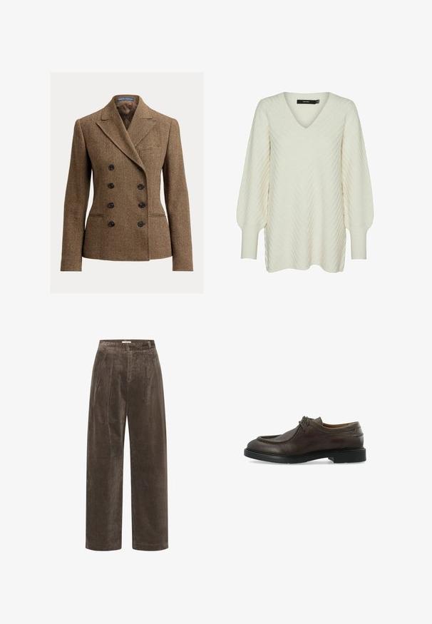 Blazer de tweed marrón con patrón pata de gallo, de doble botonadura, solapas con pico y botones negros, con un bolsillo en el pecho.; Suéter de punto color crema con cuello en V, que presenta un patrón texturizado de zigzag y mangas voluminosas con puños de canalé.; Pantalones de pana marrón de pierna ancha con pliegues, que presentan una textura suave y una cintura de altura media. Los acabados del dobladillo son limpios y rectos.; Zapato de vestir de hombre de cuero marrón oscuro con cordones, puntera redondeada y suela negra, mostrado de perfil sobre fondo blanco.