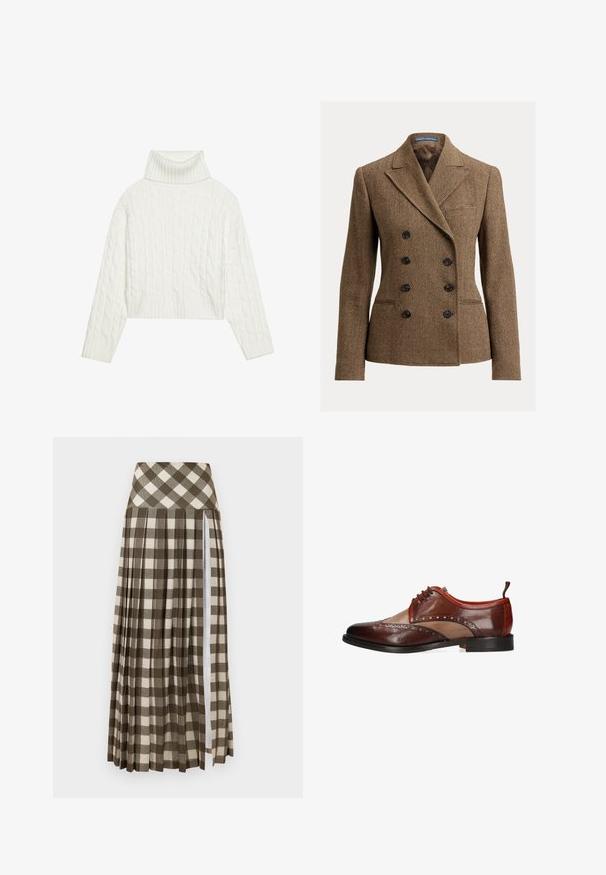 Brun tweedblazer med hundetandsmønster, dobbeltknappet front, spidse revers og sorte knapper, med en enkelt brystlomme.; Hvid kabel-strikket turtleneck sweater med en cropped silhuet, der har ribbede manchetter og kant. Blød tekstur med et hyggeligt, chunky design.; Lang, plisseret nederdel med et brunt og beige ternet mønster. Høj talje-design med en sideslids og blød stoftekstur.; Brun tofarvet herresko i læder med brogue-detaljer, snørelukning og sort sål, vist fra siden på hvid baggrund.