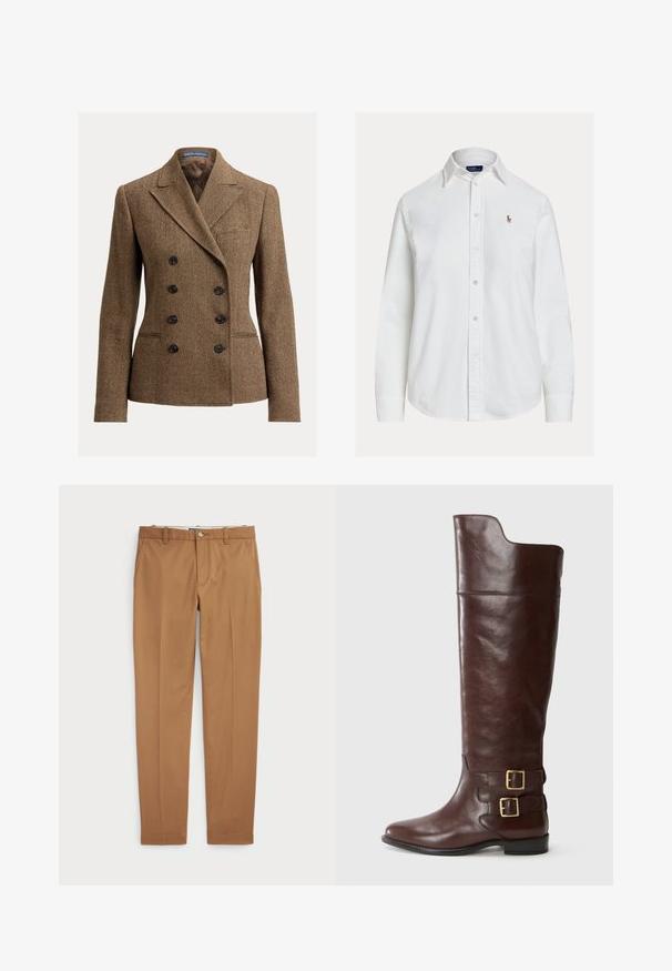 Brun tweedblazer med hundetandsmønster, dobbeltknappet front, spidse revers og sorte knapper, med en enkelt brystlomme.; Hvid langærmet skjorte med knapper og krave samt lille broderet logo på venstre bryst, vist på ensfarvet baggrund.; Brune bomuldsbukser med slim-fit design, flad front og standard lommer; glat tekstur og opkradset afslutninger.; Brune læderknæhøj støvle med en rund tå, der har to guldtonede spænder ved anklen og en glat, poleret overflade.