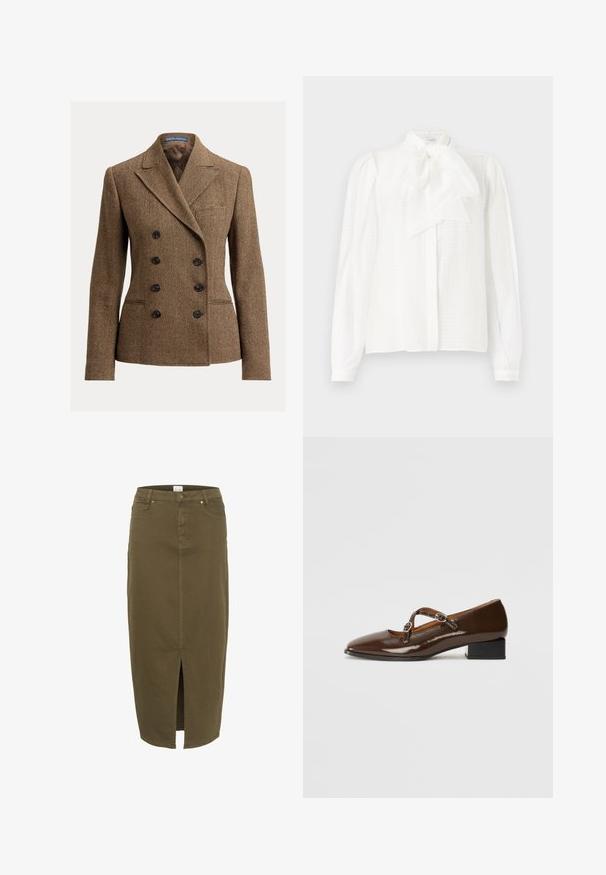 Brun tweedblazer med hundetandsmønster, dobbeltknappet front, spidse revers og sorte knapper, med en enkelt brystlomme.; Hvid bluse med høj krave, bånddetalje, lange ærmer med knapmanchetter og et struktureret, stribet stof.; Olivengrøn denimnederdel, knælængde med en frontal slids, bæltesløjfer og to forlommer, med diskrete stikninger.; Brune patentlæder Mary Jane sko med firkantet tå, to justerbare stropper prydet med runde metalspænder og en lav blokhæl.