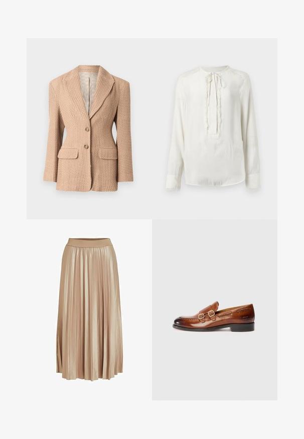 Blazer beige, texturé, avec un motif tissé, à revers cranté, deux poches avant et deux boutons. Intérieur doublé de couleur claire.; Blouse blanche à manches longues avec un col rond et une fermeture à nouer. Présente une bordure texturée sur le devant et les poignets. Finition en tissu lisse.; Jupe midi plissée en satin beige clair. Dotée d'une large taille élastique et de plis verticaux élégants sur toute sa longueur.; Mocassins en cuir marron avec double boucle, bout arrondi, détails de couture et petit talon ; finition polie avec un marquage embossé sur le côté.