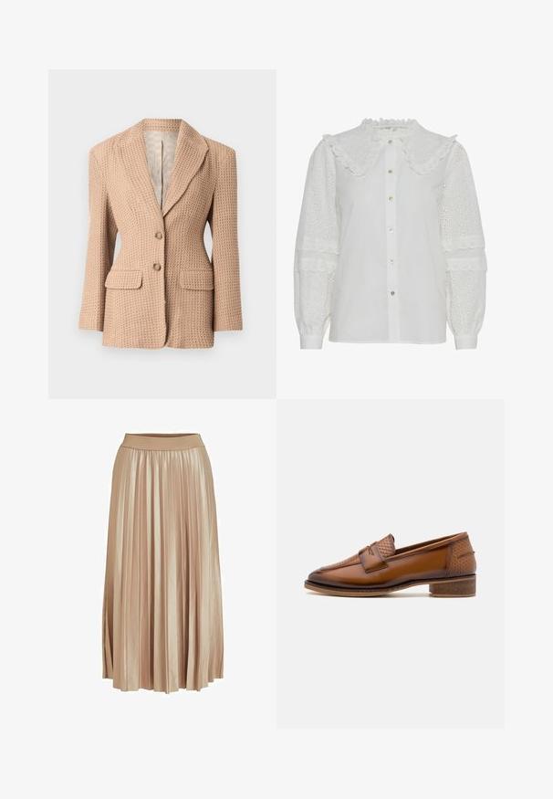Blazer beige, texturé, avec un motif tissé, à revers cranté, deux poches avant et deux boutons. Intérieur doublé de couleur claire.; Blouse blanche avec un col volanté, fermeture à boutons et détails en broderie sur les manches bouffantes. Présente un éclat subtil et une texture douce.; Jupe midi plissée en satin beige clair. Dotée d'une large taille élastique et de plis verticaux élégants sur toute sa longueur.; Mocassins en cuir marron avec un panneau avant tissé texturé, bout rond et petit talon empilé. Finition lisse avec des détails de couture subtils.