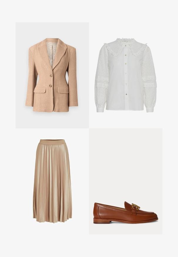 Blazer beige, texturé, avec un motif tissé, à revers cranté, deux poches avant et deux boutons. Intérieur doublé de couleur claire.; Blouse blanche avec un col volanté, fermeture à boutons et détails en broderie sur les manches bouffantes. Présente un éclat subtil et une texture douce.; Jupe midi plissée en satin beige clair. Dotée d'une large taille élastique et de plis verticaux élégants sur toute sa longueur.; Mocassin en cuir marron avec talon bas empilé et détail de boucle en métal doré sur le dessus, présenté en profil latéral sur un fond uni.