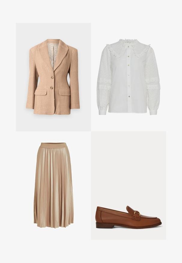 Blazer beige, texturé, avec un motif tissé, à revers cranté, deux poches avant et deux boutons. Intérieur doublé de couleur claire.; Blouse blanche avec un col volanté, fermeture à boutons et détails en broderie sur les manches bouffantes. Présente un éclat subtil et une texture douce.; Jupe midi plissée en satin beige clair. Dotée d'une large taille élastique et de plis verticaux élégants sur toute sa longueur.; Mocassin en cuir marron avec détail de boucle dorée et petit talon en bois, présenté de côté sur un fond uni.