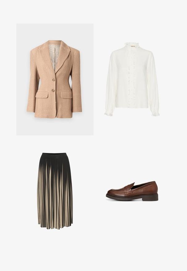 Beige, tekstureret blazer med et vævet mønster, knækket revers, to forlommer og to knapper. Fóret indvendigt i en lys farve.; Hvid bluse med flæsefront, høj hals og lange ærmer. Lavet af et glat stof med knaplukninger ned gennem midten.; Fald midi med plissering i sort og beige med høj elastisk talje, der har lodrette striber og en strømlinet design, der giver bevægelse.; Brun læder herre loafer med lav hæl, syninger og en penny-rem tværs over toppen, set fra siden på en hvid baggrund.