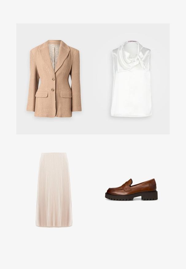 Beige, tekstureret blazer med et vævet mønster, knækket revers, to forlommer og to knapper. Fóret indvendigt i en lys farve.; Anna Field by Zalando Bluse - white; Plisseret midi nederdel i en lys beige farve, fremstillet af et glat stof, med smalle lodrette plisser og en elastisk talje.; Brun læderloafer med chunky sort rilled sål og lav blokhæl, vist fra siden på hvid baggrund.
