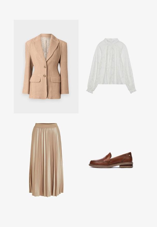 Blazer beige, texturé, avec un motif tissé, à revers cranté, deux poches avant et deux boutons. Intérieur doublé de couleur claire.; Blouse blanche à manches longues, avec un motif floral texturé, un décolleté froncé et des poignets élastiques. Tissu doux et léger.; Jupe midi plissée en satin beige clair. Dotée d'une large taille élastique et de plis verticaux élégants sur toute sa longueur.; Mocassin en cuir brun avec des détails cousus, un talon bas et une semelle en caoutchouc texturée. Présente un petit accent doré près du talon.