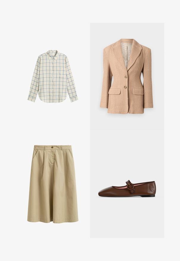 Beige, geweven blazer met een gestructureerd patroon, notch-lapel, twee voorkantzakken en twee knopen. Gevoerde binnenkant in een lichte kleur.; Overhemd met knopen in een lichtbeige en blauwe ruitpatroon, gemaakt van zachte stof, met een kraag en lange mouwen.; Beige knielange rok met knopen aan de voorkant, riemlussen, plooien en zijzakken, gemaakt van een lichtgewicht stof.; Bruine leren platte Mary Jane schoen met ronde gesp en zwarte zool op een lichtgrijze achtergrond.