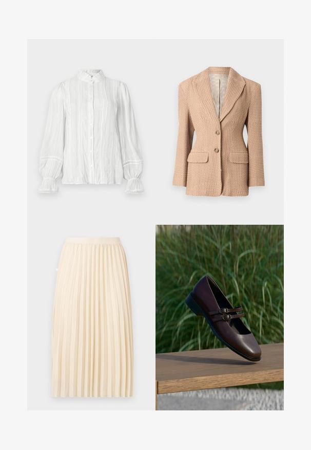 Blazer beige de textura con un patrón tejido, solapa muesca, dos bolsillos frontales y dos botones. Interior forrado en un tono claro.; Blusa blanca de botón con cuello voluminoso, rayas verticales y tejido texturizado. Presenta mangas abullonadas con elástico y adornos de encaje.; Falda midi plisada color crema con una cinturilla ajustada, colgando recta contra un fondo liso.; Zapato Mary Jane de cuero marrón oscuro con doble tira de hebillas, exhibido sobre una superficie de madera con fondo de hierba verde.