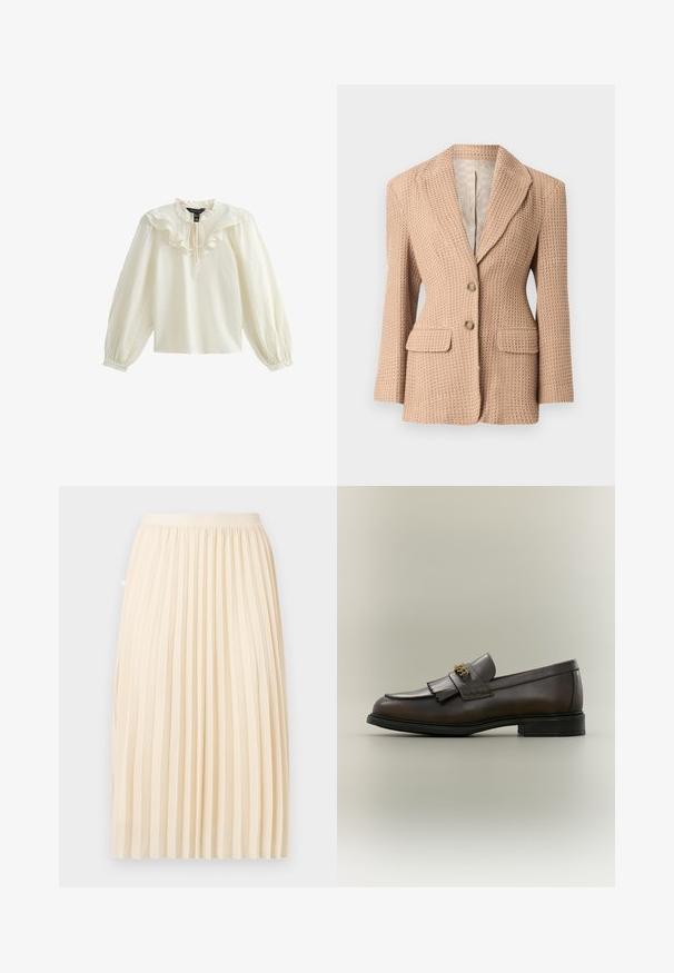 Blazer beige de textura con un patrón tejido, solapa muesca, dos bolsillos frontales y dos botones. Interior forrado en un tono claro.; Blusa blanca de manga larga con escote con volantes y textura suave; presenta un lazo en el cuello y mangas abullonadas fruncidas.; Falda midi plisada color crema con una cinturilla ajustada, colgando recta contra un fondo liso.; Mocasín de cuero marrón oscuro con detalle de flecos y hebilla dorada en suela negra, mostrado de lado sobre un fondo neutro.