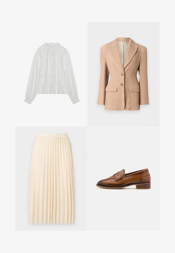 Blazer beige, texturé, avec un motif tissé, à revers cranté, deux poches avant et deux boutons. Intérieur doublé de couleur claire.; Blouse blanche à manches longues, avec un motif floral texturé, un décolleté froncé et des poignets élastiques. Tissu doux et léger.; Jupe midi plissée de couleur crème avec une ceinture ajustée, suspendue droite sur un fond uni.; Mocassins en cuir marron avec un panneau avant tissé texturé, bout rond et petit talon empilé. Finition lisse avec des détails de couture subtils.